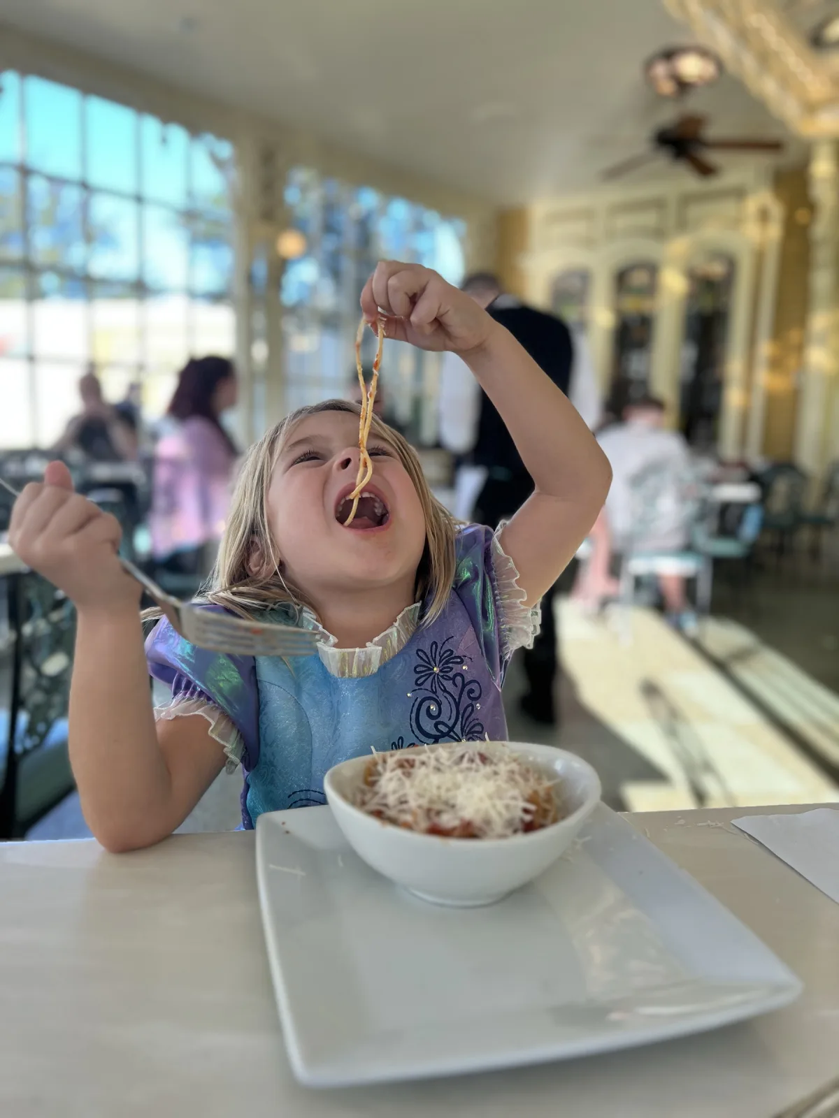 The conservatory dining room at the back of the restaurant — Tony's homage spaghetti and meatballs, in the same glass-roofed room that nods to Lady and the Tramp.