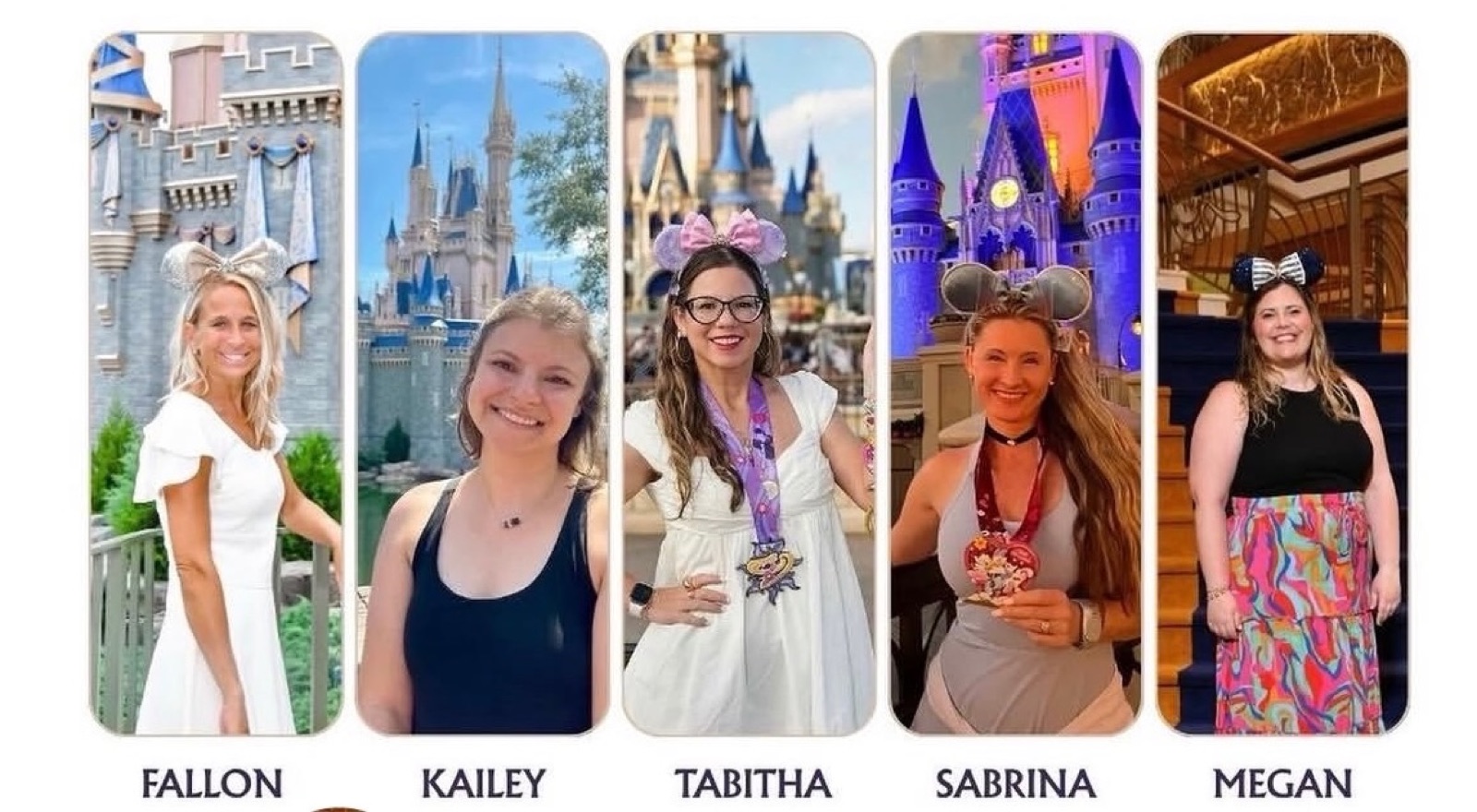 Portraits of the five Fairytale Dreamers travel advisors — Fallon, Kailey, Megan, Tabitha, and Sabrina