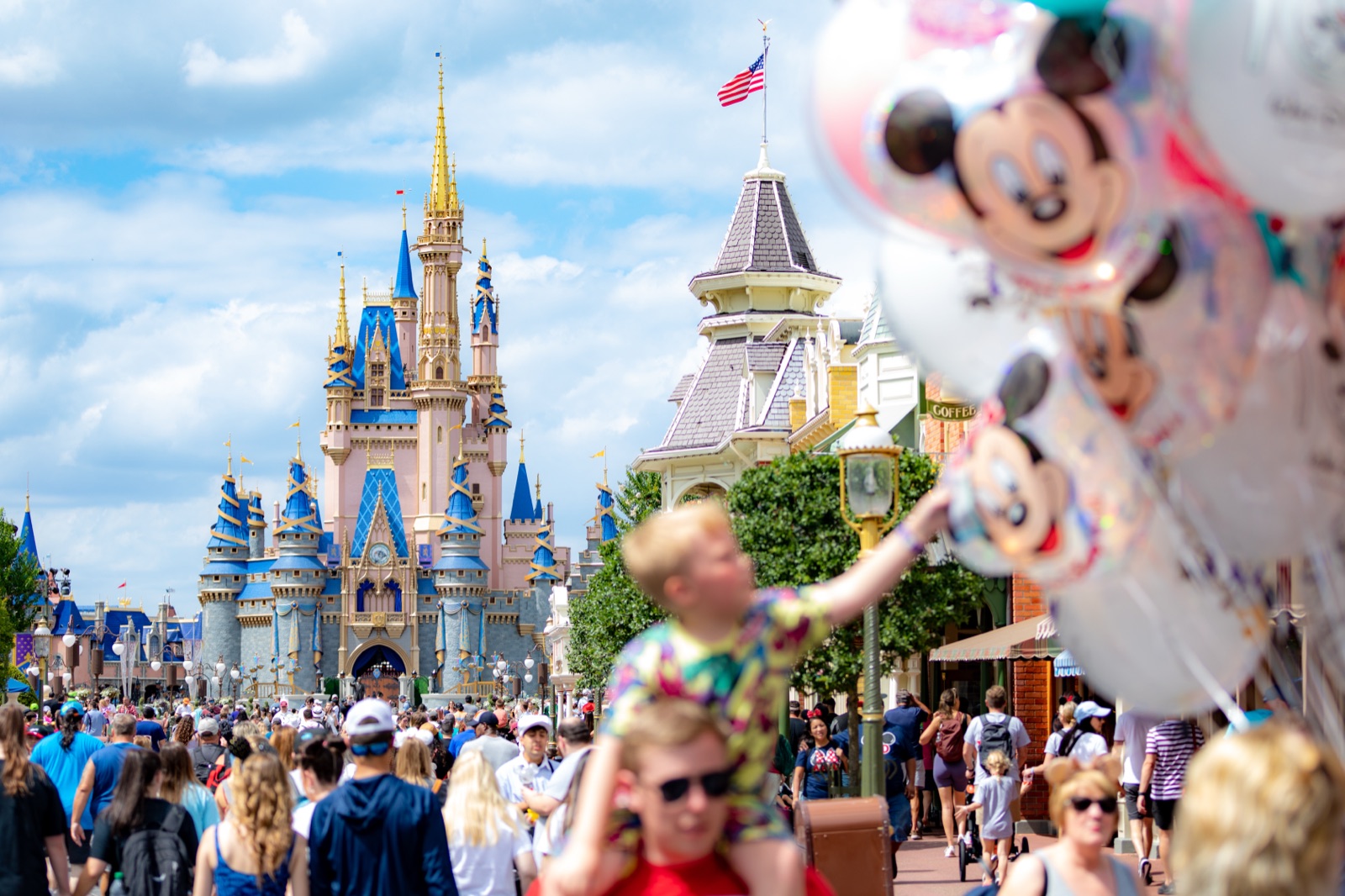 Main Street, U.S.A. looking up to Cinderella Castle on a clear morning.